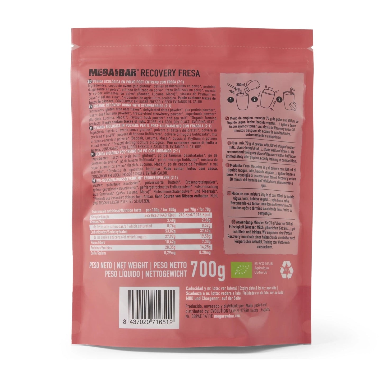 MegaRawBar Mega Recovery Shake 700g Beutel Geschmack Erdbeere Zutaten