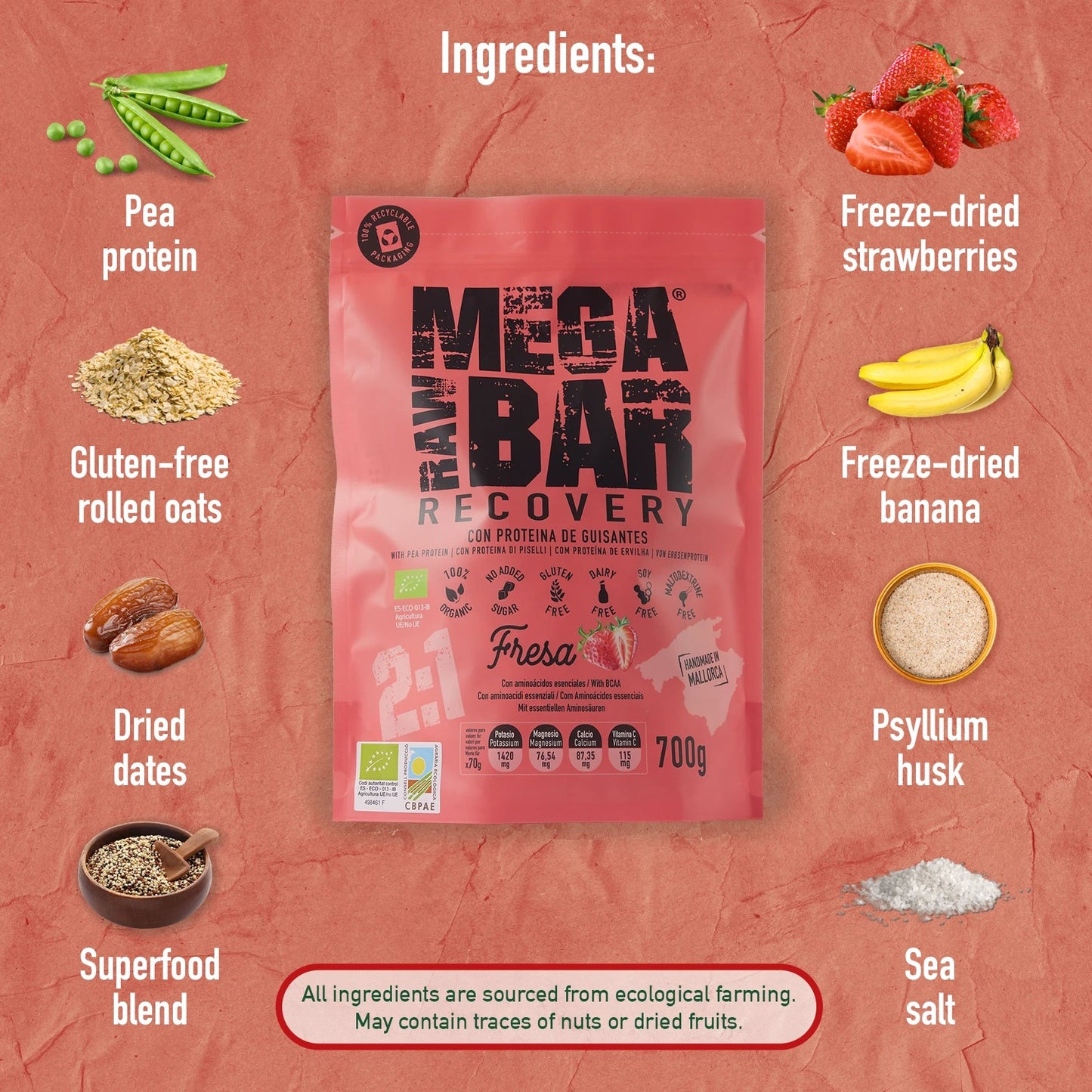 MegaRawBar Mega Recovery Shake 700g Beutel Geschmack Erdbeere Zutaten