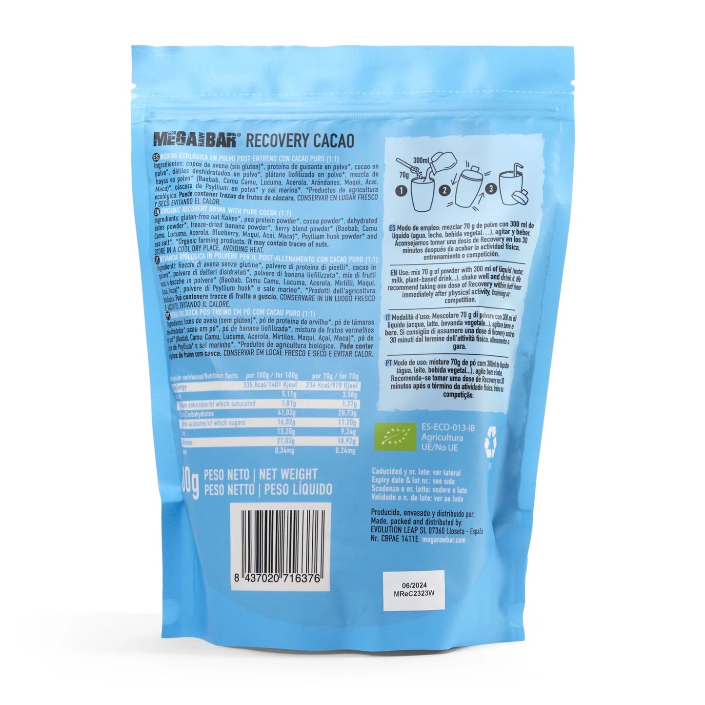 MegaRawBar Mega Recovery Shake 700g Beutel Geschmack Kakao Zutaten