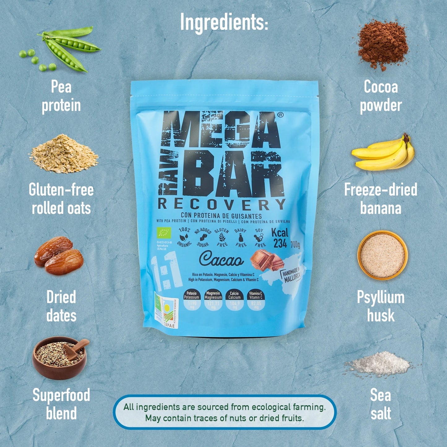 MegaRawBar Mega Recovery Shake 700g Beutel Geschmack Kakao Zutaten
