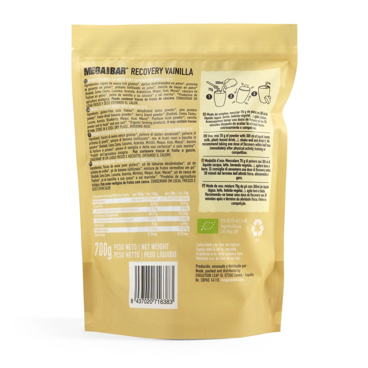 MegaRawBar Mega Recovery Shake 700g Beutel Geschmack Vanille