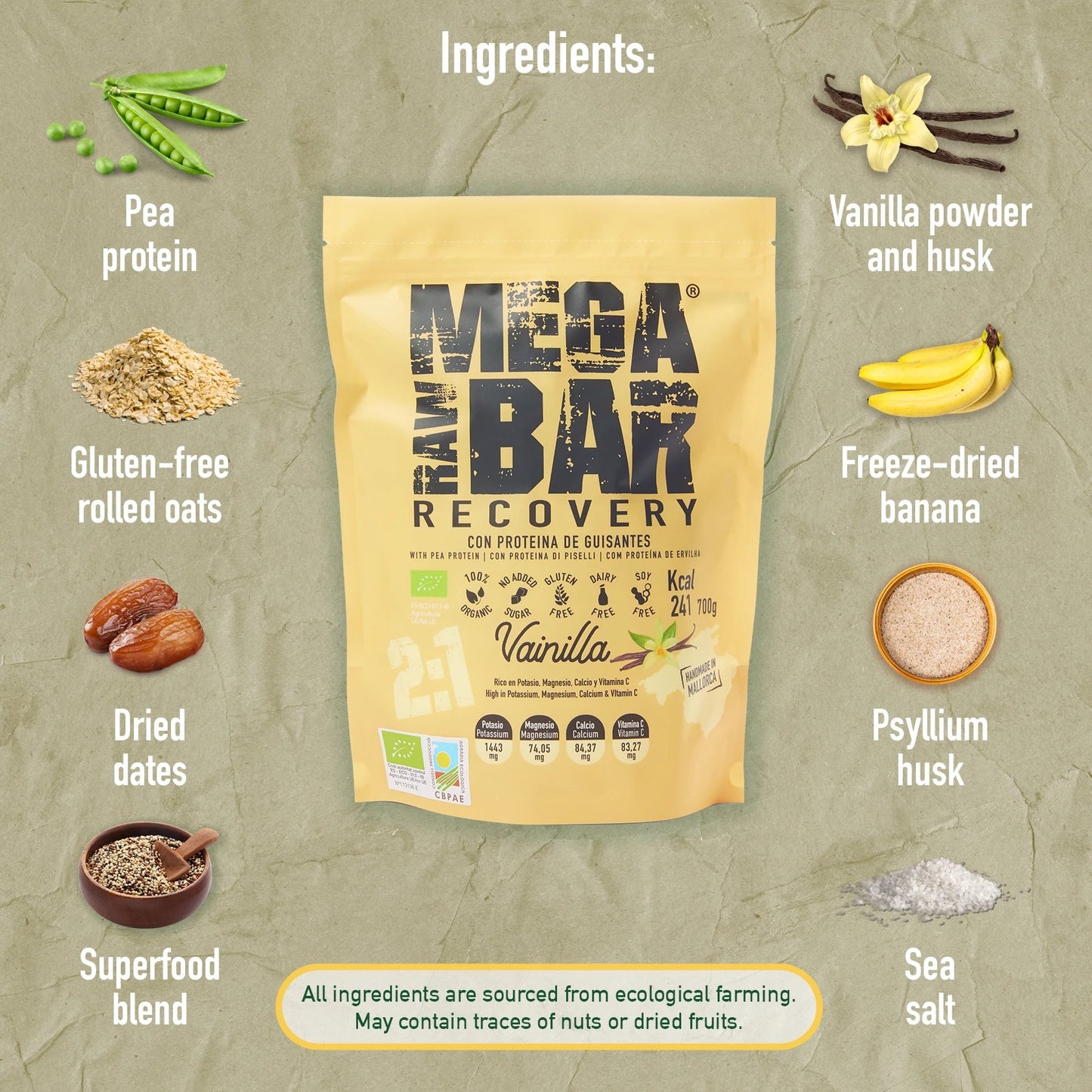 MegaRawBar Mega Recovery Shake 700g Beutel Geschmack Vanille Zutaten