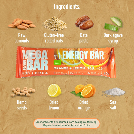 MegaRawBar 1 Orange und Zitrone 40g Energieriegel Handmade in Mallorca
