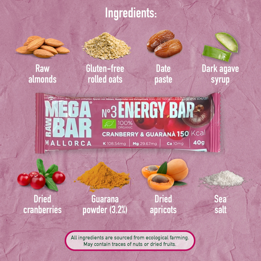 MegaRawBar 3 Cranberry und Guarana 40g Energieriegel Handmade in Mallorca