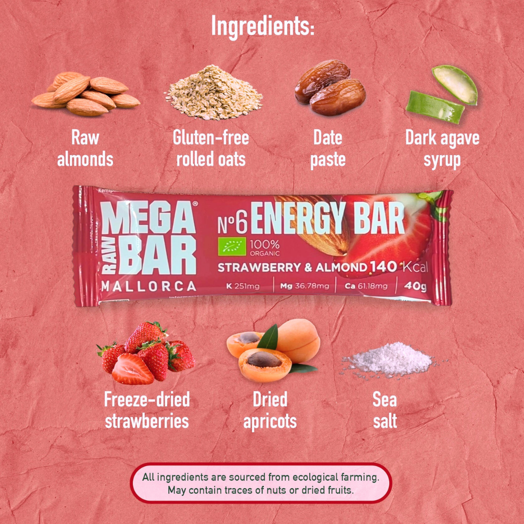 MegaRawBar 6 Erdbeere und Mandel 40g Energieriegel Handmade in Mallorca