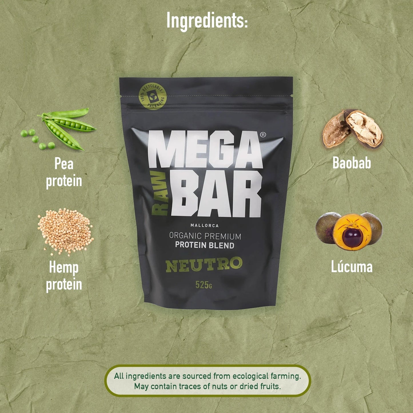 MegaRawBar Premium Protein Drink 525g Beutel Proteinpulver mit dem Geschmack Natur Zutaten