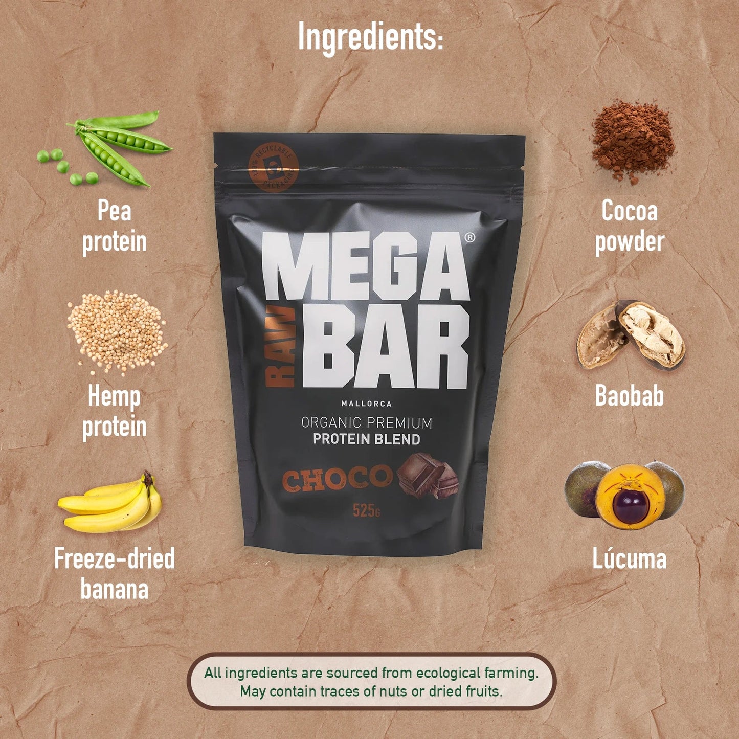 MegaRawBar Premium Protein Drink 525g Beutel Proteinpulver mit dem Geschmack Schoko Zutaten