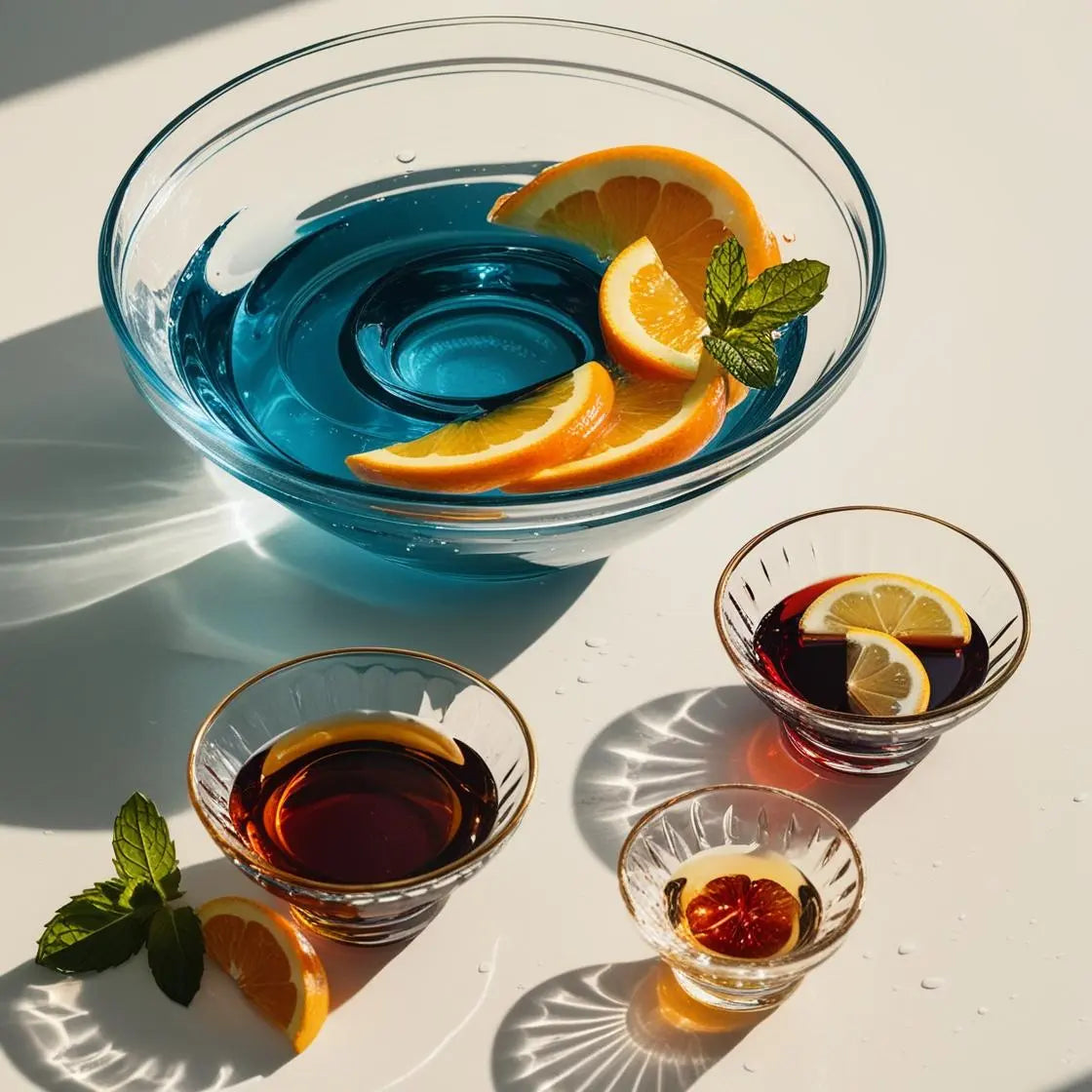 Einzelne Gläser mit Sirup, Zitrone, Orangen und Minz Blättern Bestandteil der Gels