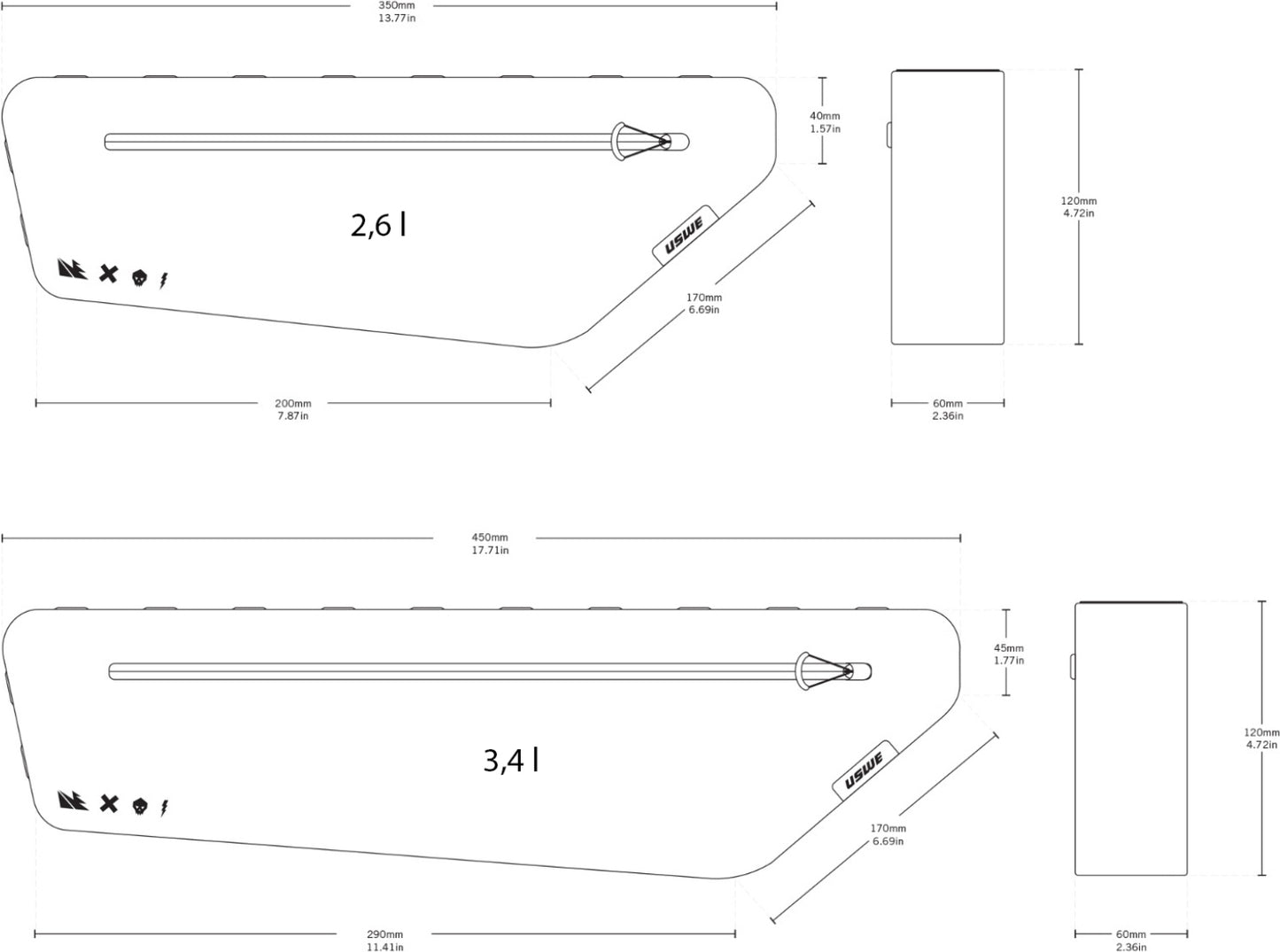USWE Rahmentasche 2,6L und 3,4L Skizze