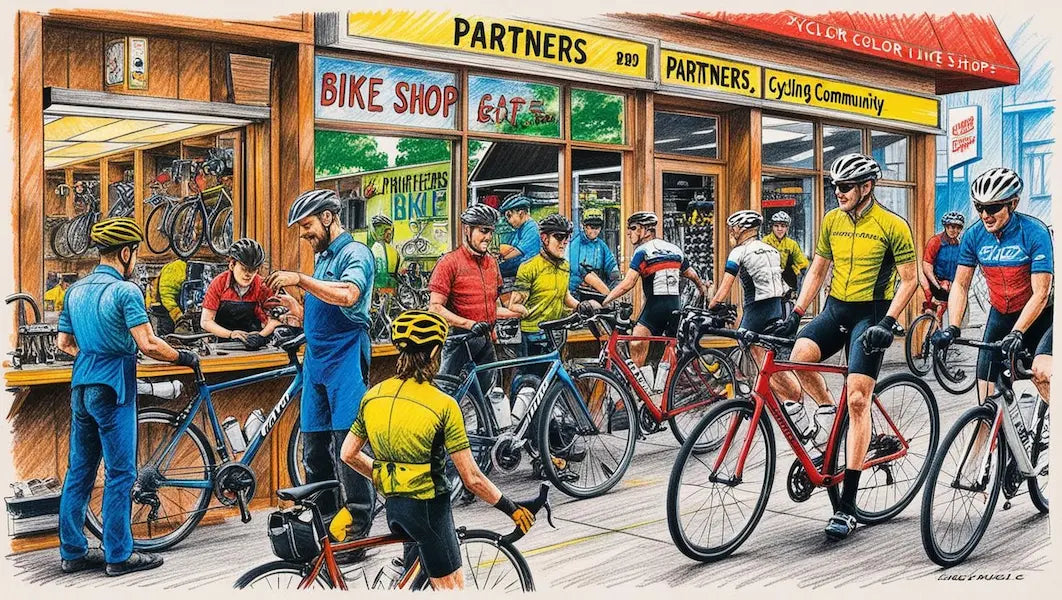 Radfahrer vor Geschäften