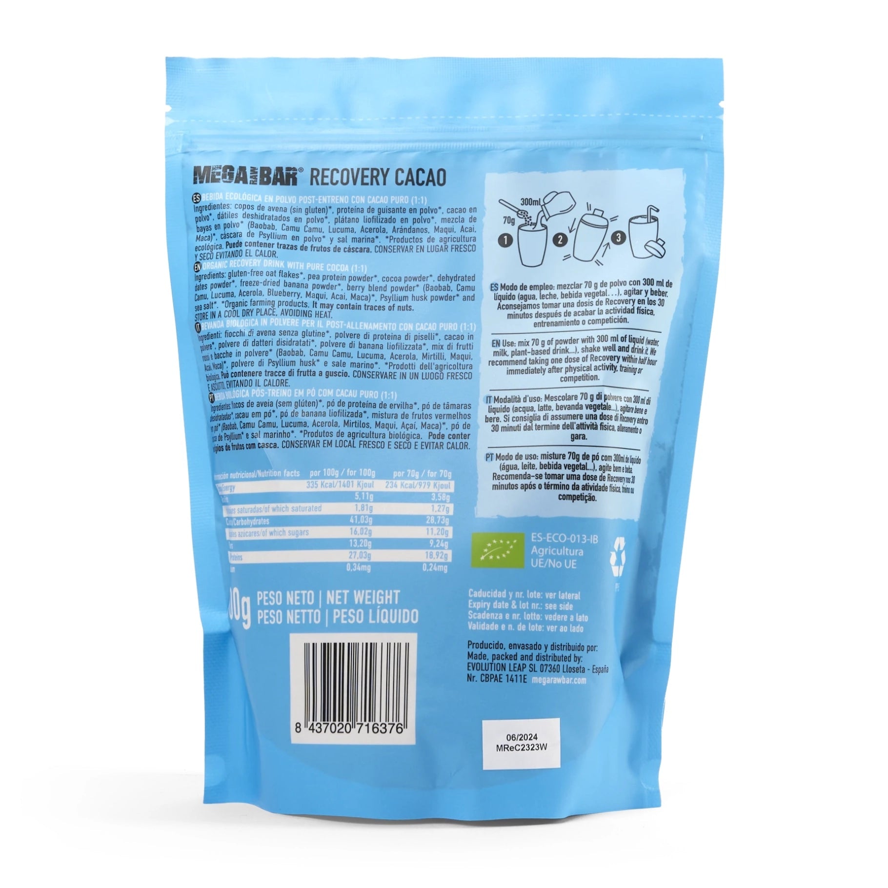 MegaRawBar Mega Recovery Shake 700g Beutel Geschmack Kakao Zutaten