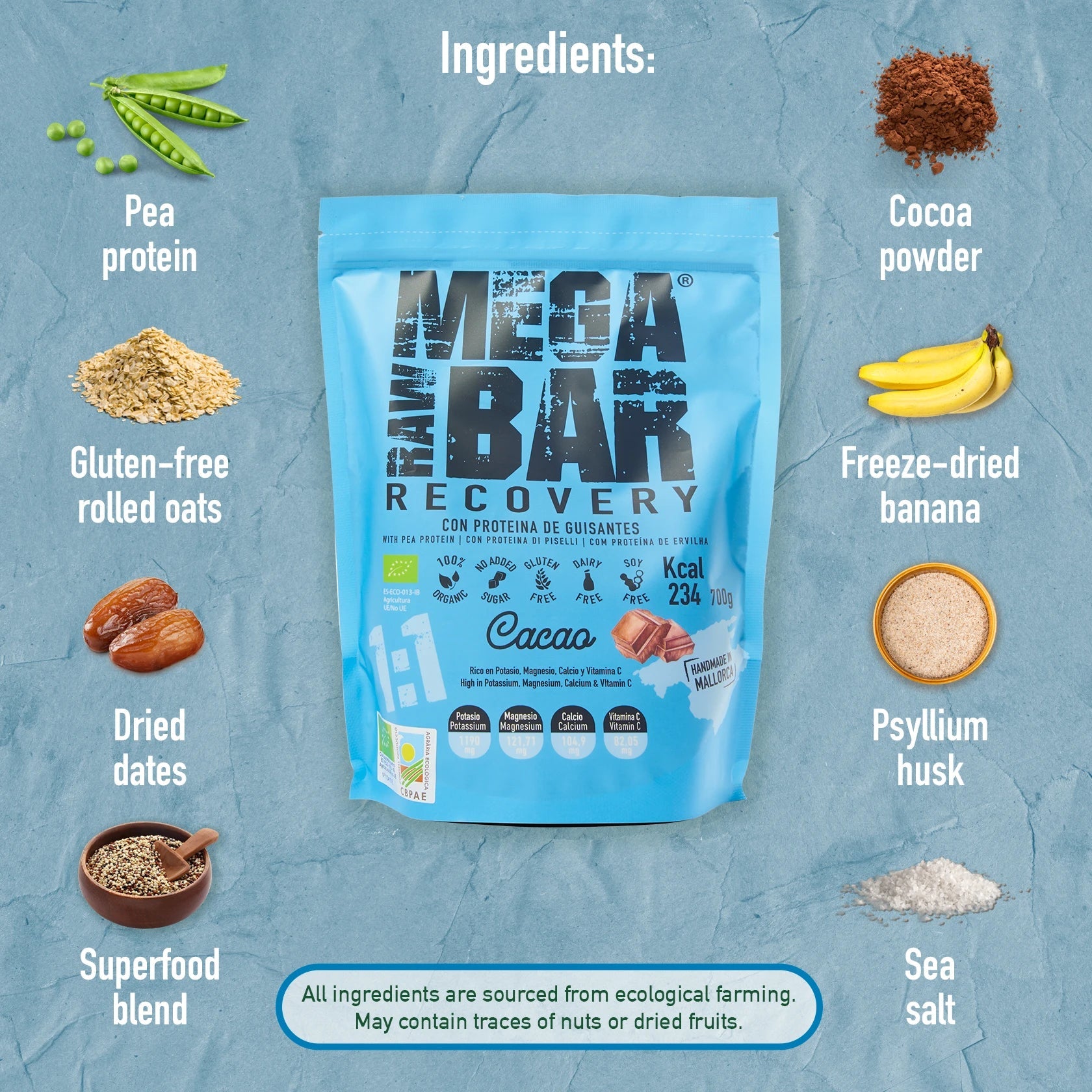 MegaRawBar Mega Recovery Shake 700g Beutel Geschmack Kakao Zutaten