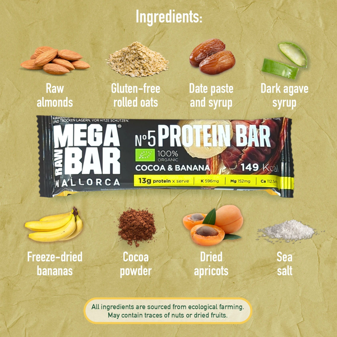 MegaRawBar 5 Banane und Kakao 40g Proteinriegel Handmade in Mallorca