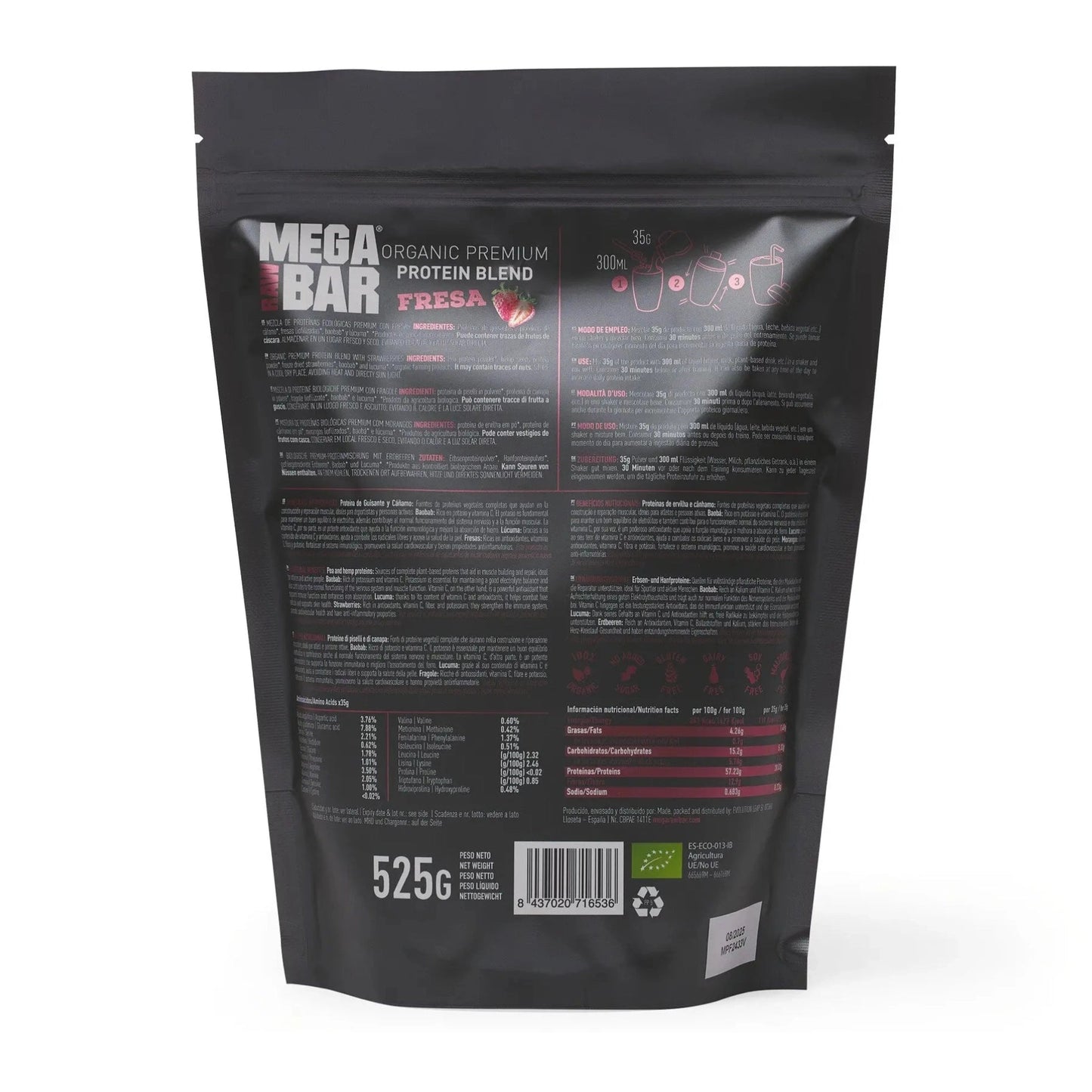 MegaRawBar Premium Protein Drink 525g Beutel Proteinpulver mit dem Geschmack Erdbeere