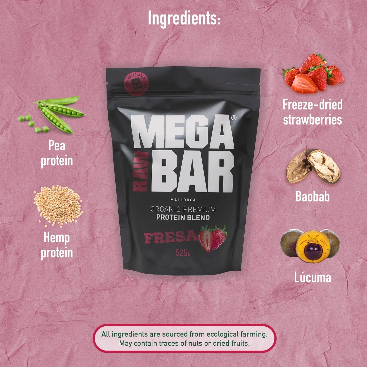 MegaRawBar Premium Protein Drink 525g Beutel Proteinpulver mit dem Geschmack Erdbeere Zutaten