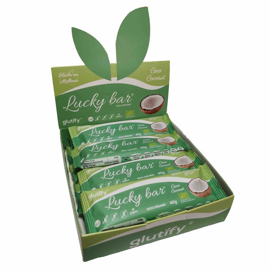 glutify Lucky Bar Kokos Box mit 12 Riegeln