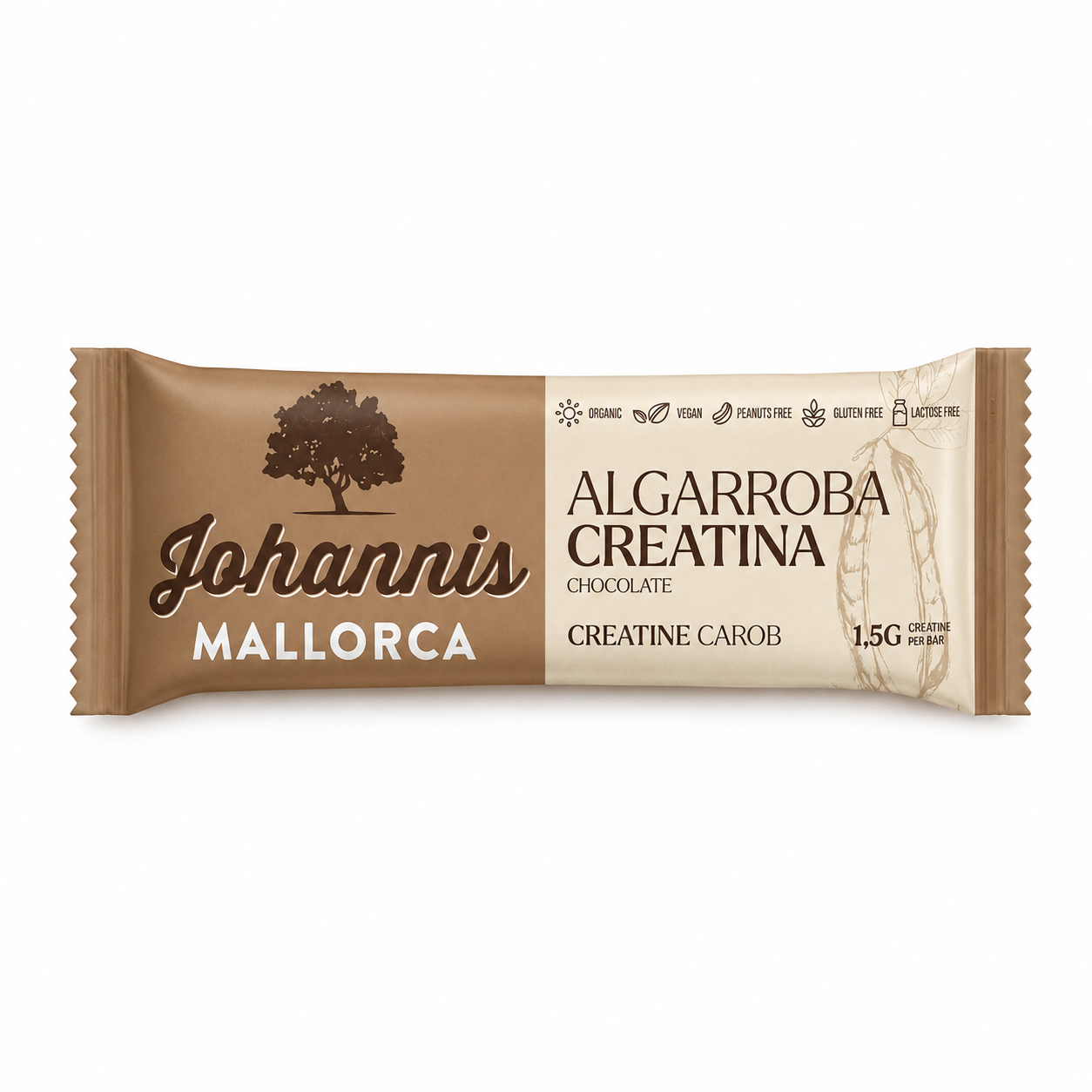 JOHANNIS Energieriegel mit Creatin, Johannisbrot und Schokolade. Veganer Riegel mit 1,5 g Creatin vor weißem Hintergrund.