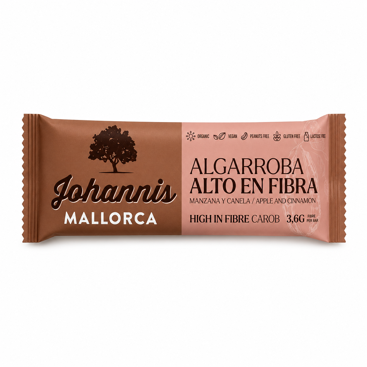 JOHANNIS High Fiber Energieriegel mit Apfel und Zimt. Ballaststoffreicher veganer Riegel vor weißem Hintergrund.