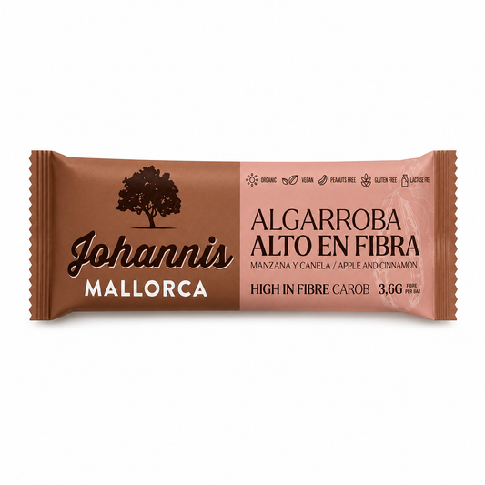 JOHANNIS High Fiber Energieriegel mit Apfel und Zimt. Ballaststoffreicher veganer Riegel vor weißem Hintergrund.